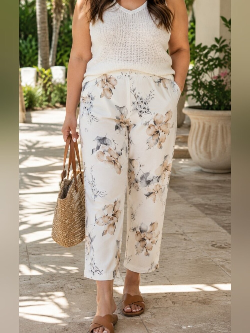 Papillion White Beige Floral Viscose Blend Drawstring Straight Leg Coastal Pants